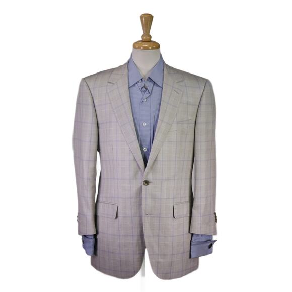Beaux New York Bespoke Custom Gray Purple Windowpane Wool Linen Silk Blazer 42S - Picture 1 of 11